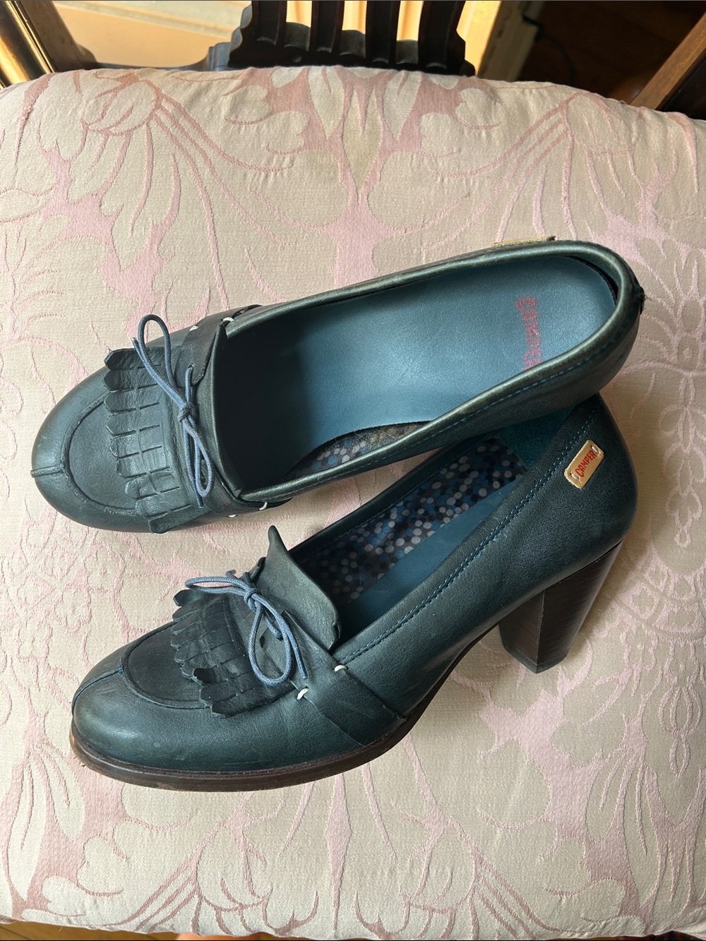 Camper Navy Leather Kiltie Tie Block-Heel Loafer